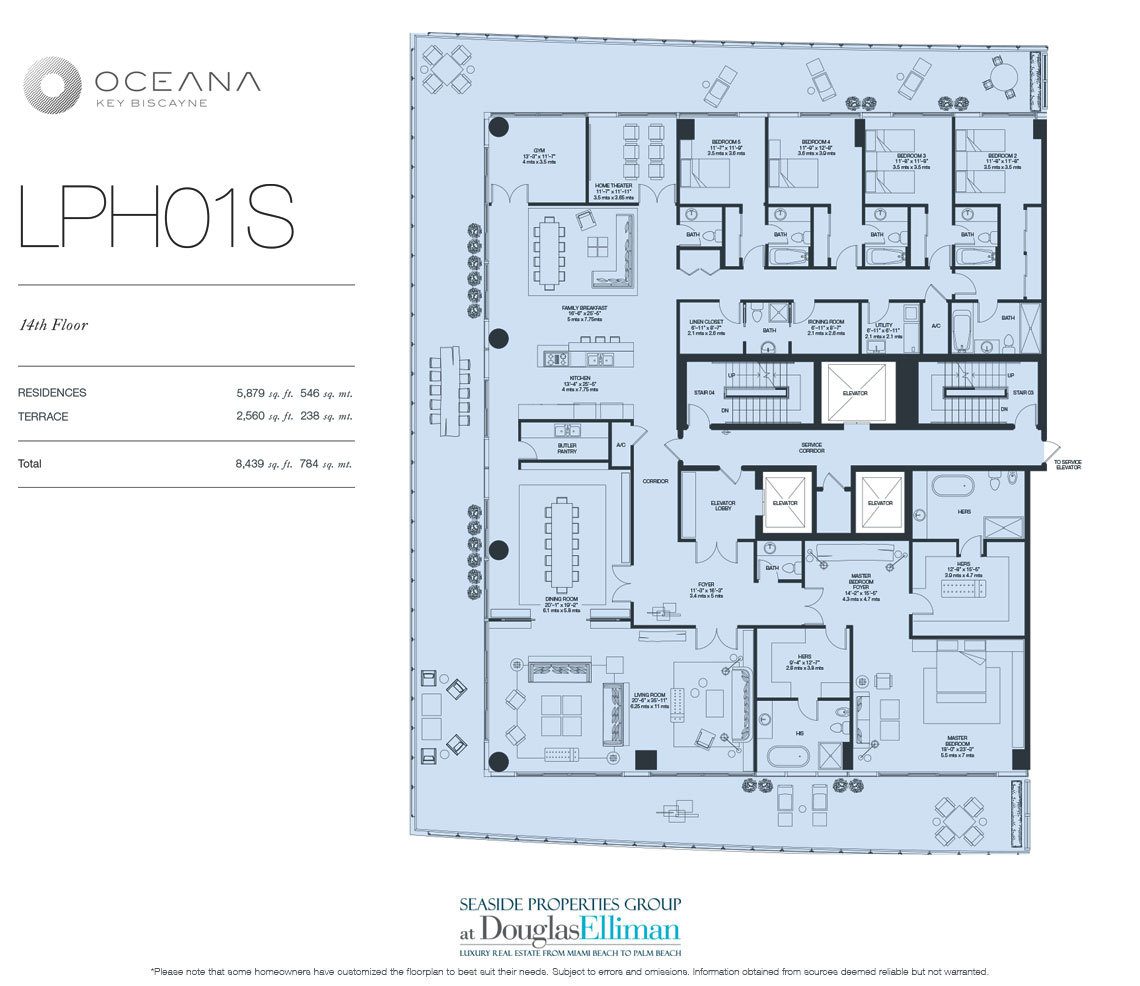 The Penthouse Model 01 South, 14th Floor Floorplan at Oceana Key Biscayne, Luxury Oceanfront Condos in Miami, Florida 33149