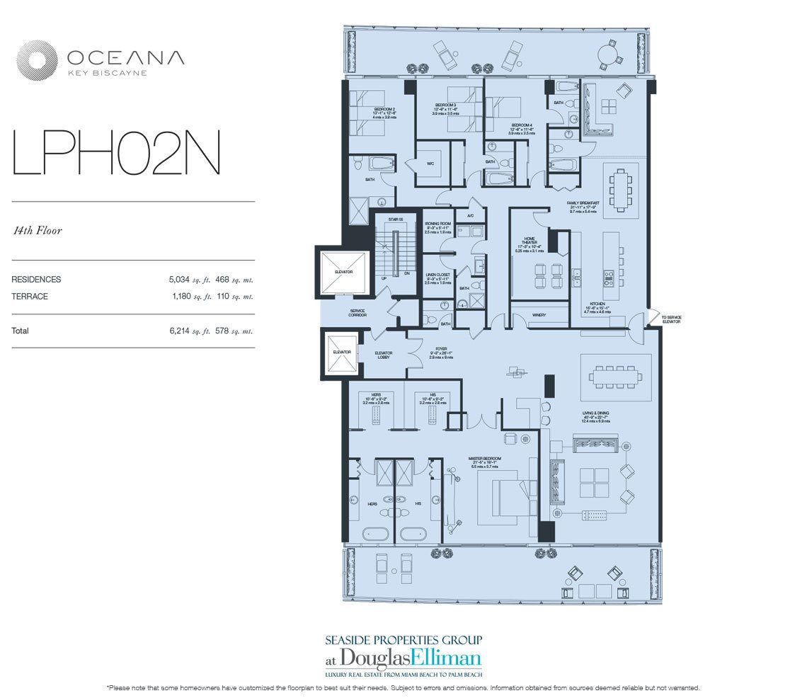 The Penthouse Model 02 North, 14th Floor Floorplan at Oceana Key Biscayne, Luxury Oceanfront Condos in Miami, Florida 33149