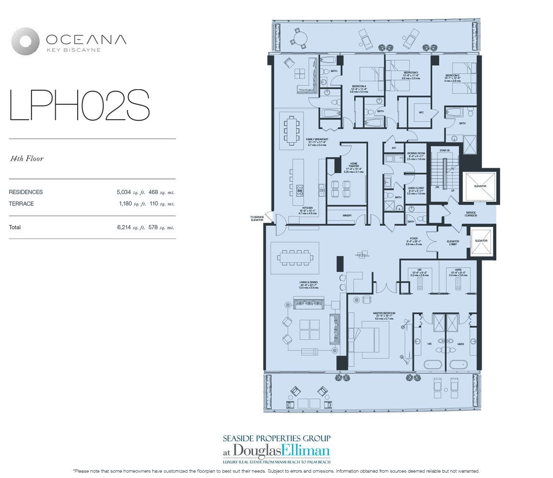 The Penthouse Model 02 South, 14th Floor Floorplan at Oceana Key Biscayne, Luxury Oceanfront Condos in Miami, Florida 33149