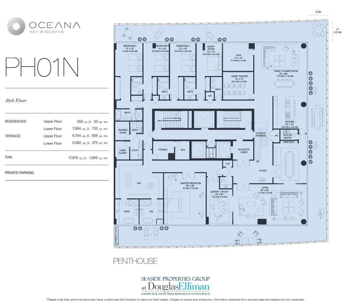 The Penthouse Model 01 North, 16th Floor Floorplan at Oceana Key Biscayne, Luxury Oceanfront Condos in Miami, Florida 33149