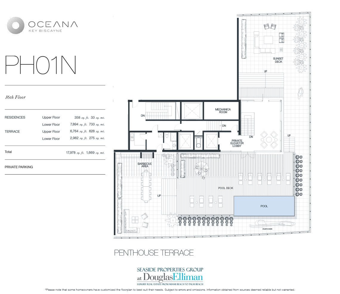 The Penthouse Model 01 Terrace North, 16th Floor Floorplan at Oceana Key Biscayne, Luxury Oceanfront Condos in Miami, Florida 33149