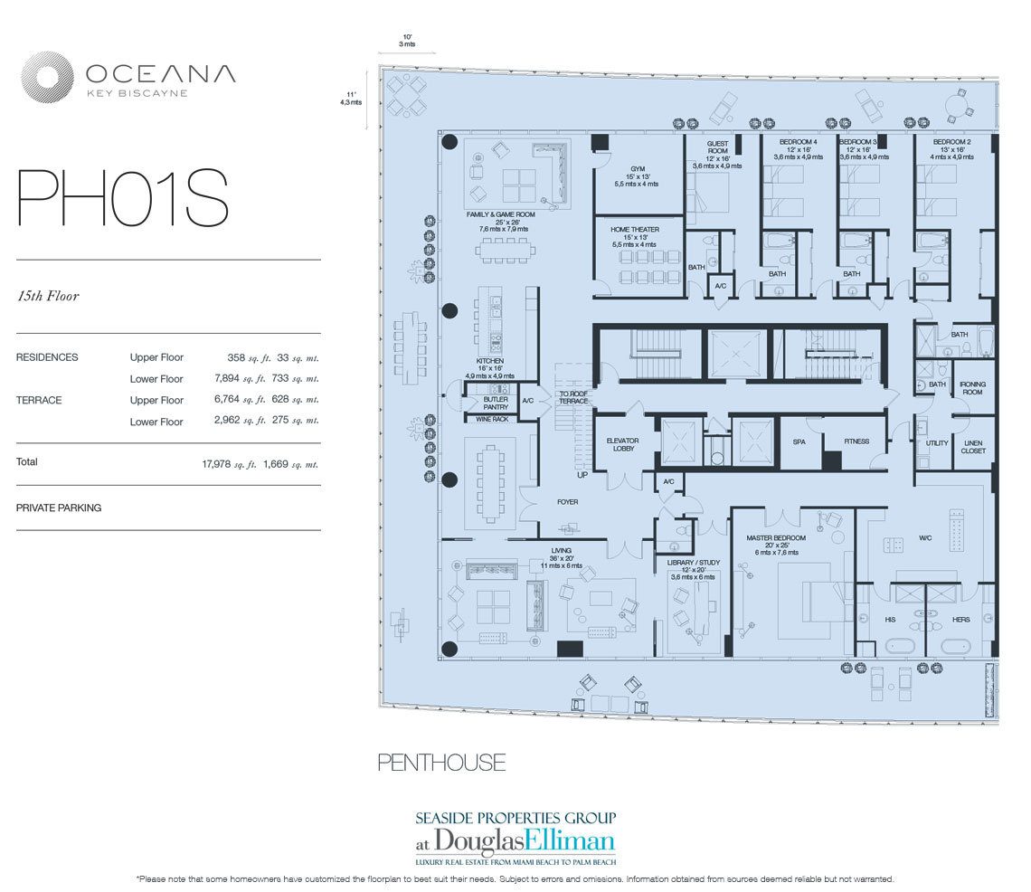 The Penthouse Model 01 South, 16th Floor Floorplan at Oceana Key Biscayne, Luxury Oceanfront Condos in Miami, Florida 33149