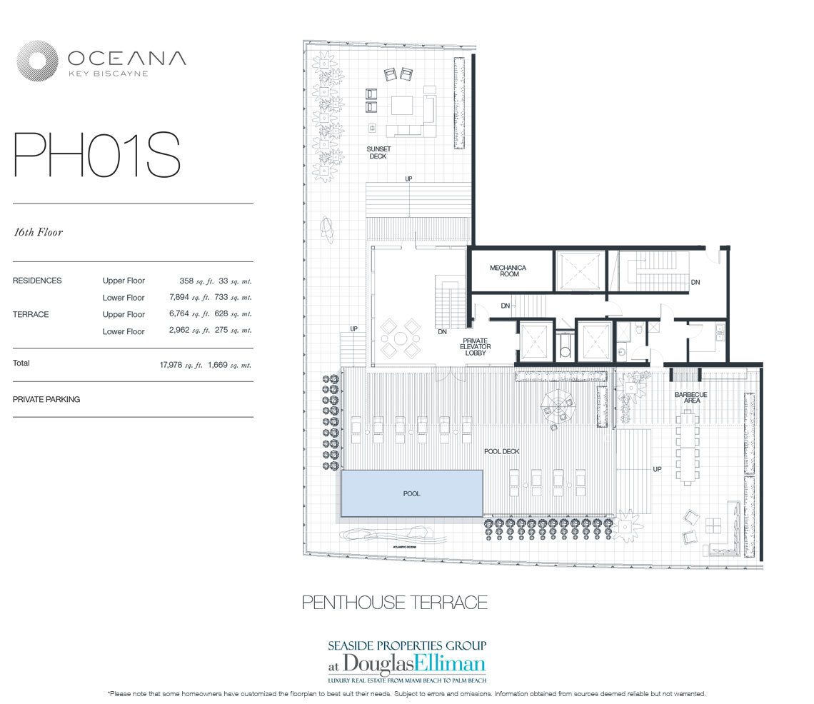 The Penthouse Model 01 Terrace South, 16th Floor Floorplan at Oceana Key Biscayne, Luxury Oceanfront Condos in Miami, Florida 33149