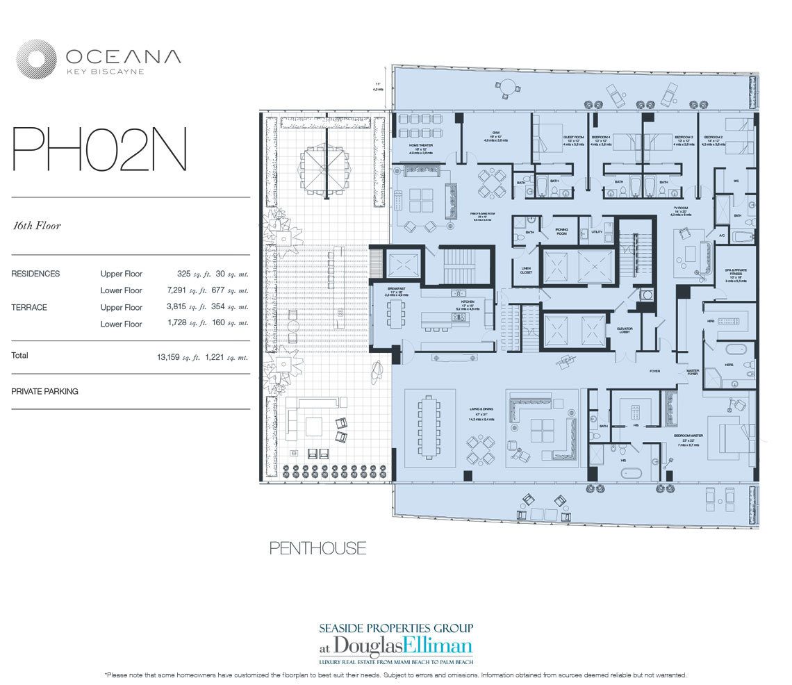The Penthouse Model 02 North, 16th Floor Floorplan at Oceana Key Biscayne, Luxury Oceanfront Condos in Miami, Florida 33149