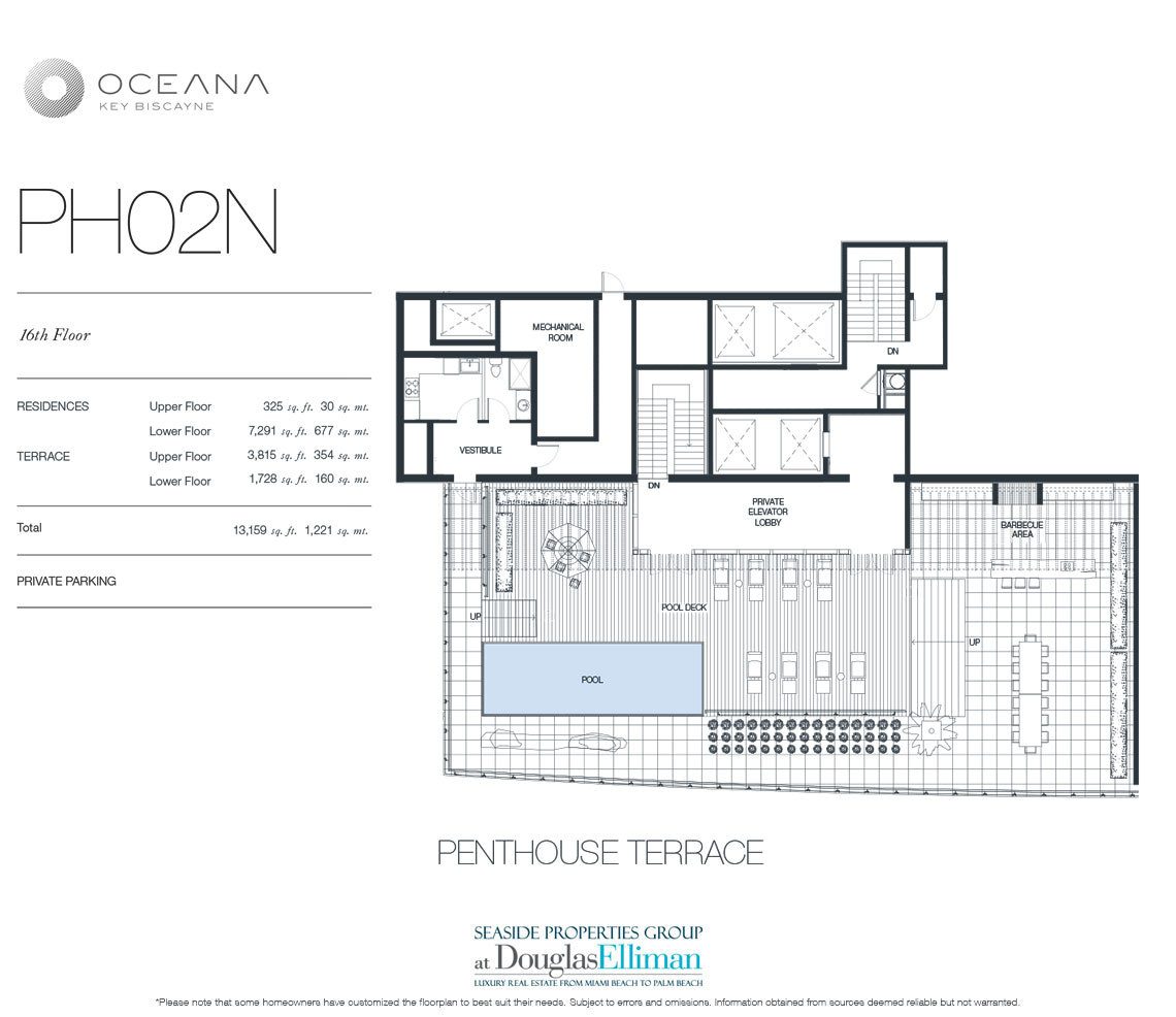 The Penthouse Model 02 Terrace North, 16th Floor Floorplan at Oceana Key Biscayne, Luxury Oceanfront Condos in Miami, Florida 33149