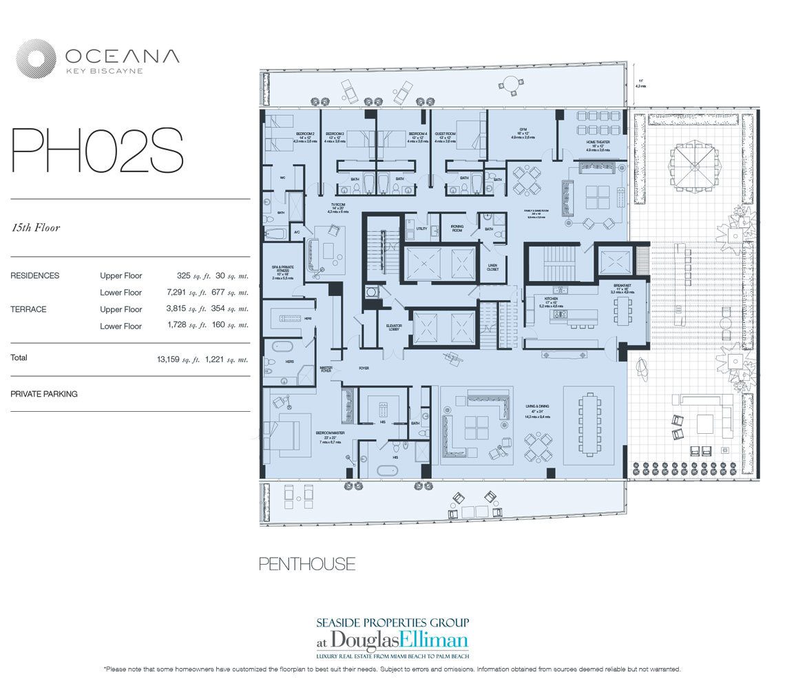 The Penthouse Model 02 South, 16th Floor Floorplan at Oceana Key Biscayne, Luxury Oceanfront Condos in Miami, Florida 33149