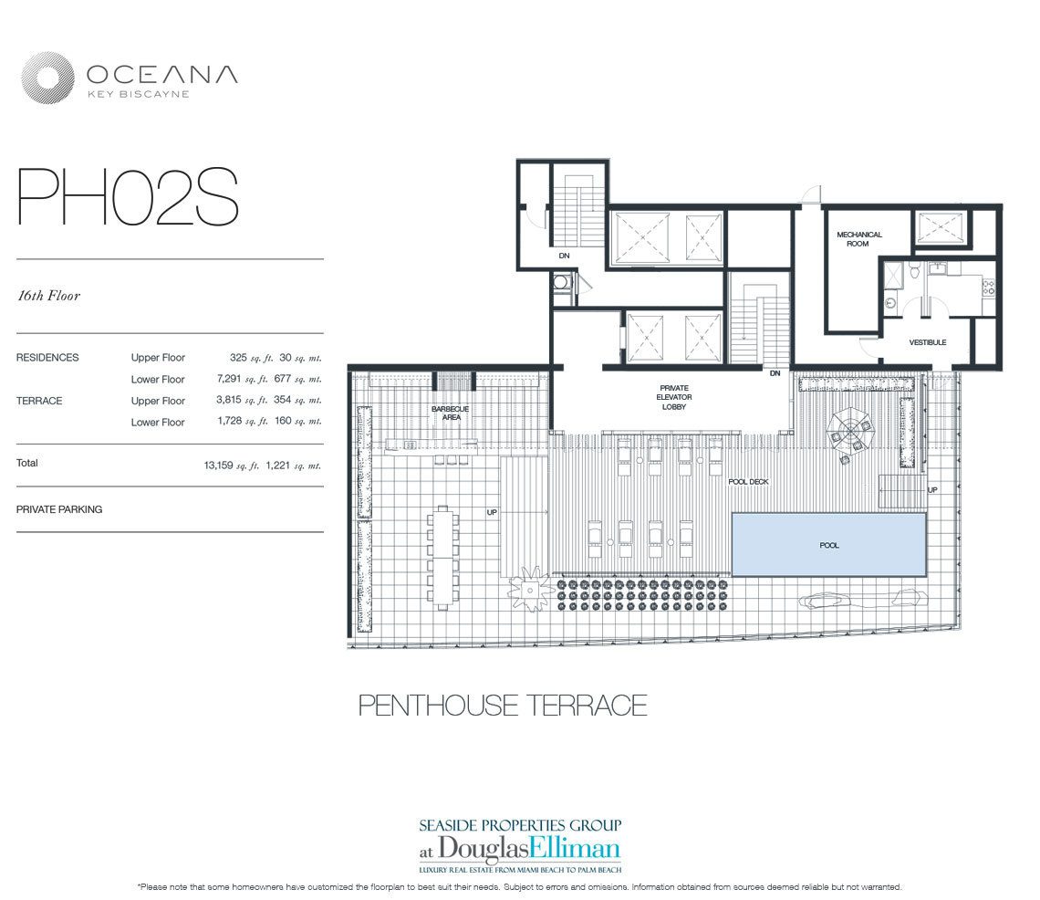 The Penthouse Model 02 Terrace South, 16th Floor Floorplan at Oceana Key Biscayne, Luxury Oceanfront Condos in Miami, Florida 33149