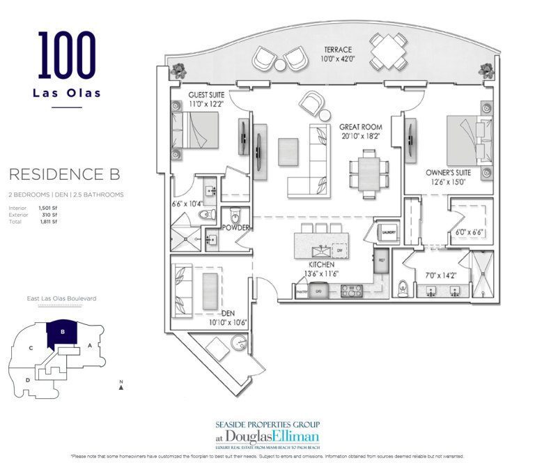 The Residence B Floorplan at 100 Las Olas, Luxury Condos in Fort Lauderdale, Florida 33301