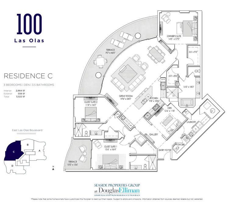 The Residence C Floorplan at 100 Las Olas, Luxury Condos in Fort Lauderdale, Florida 33301