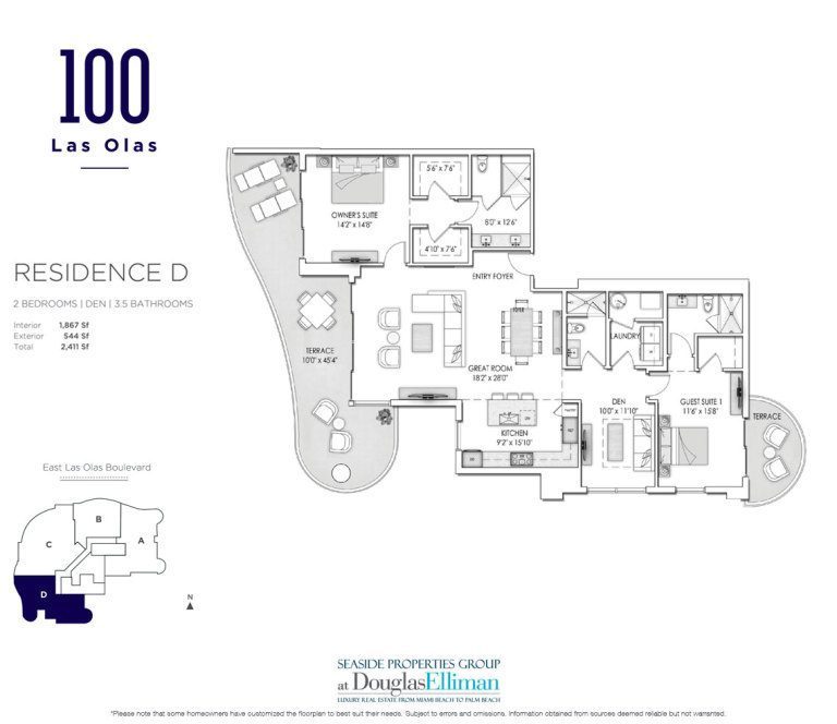 The Residence D Floorplan at 100 Las Olas, Luxury Condos in Fort Lauderdale, Florida 33301