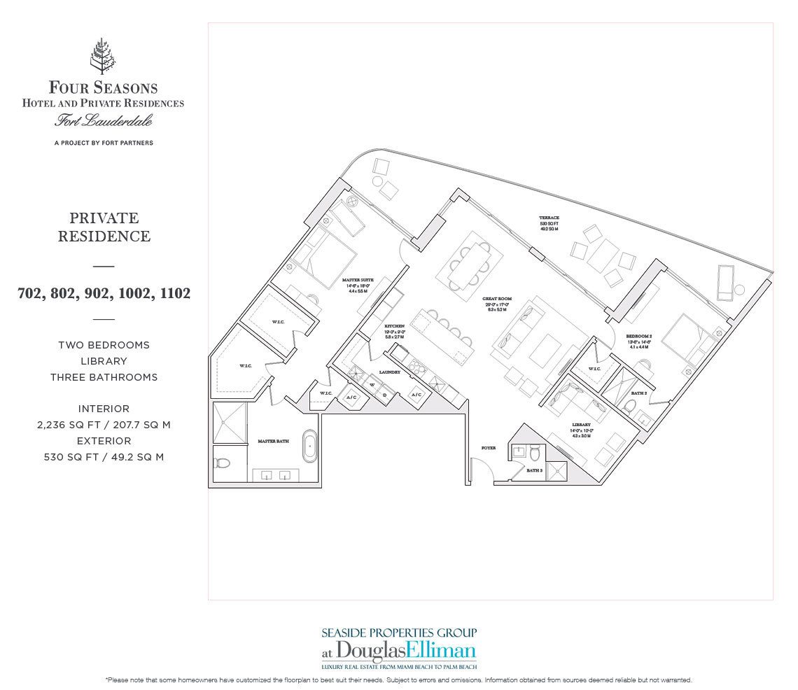 The 702-1102 Model Floorplan for the Four Seasons Private Residences Fort Lauderdale, Luxury Oceanfront Condos in Fort Lauderdale, Florida 33304.