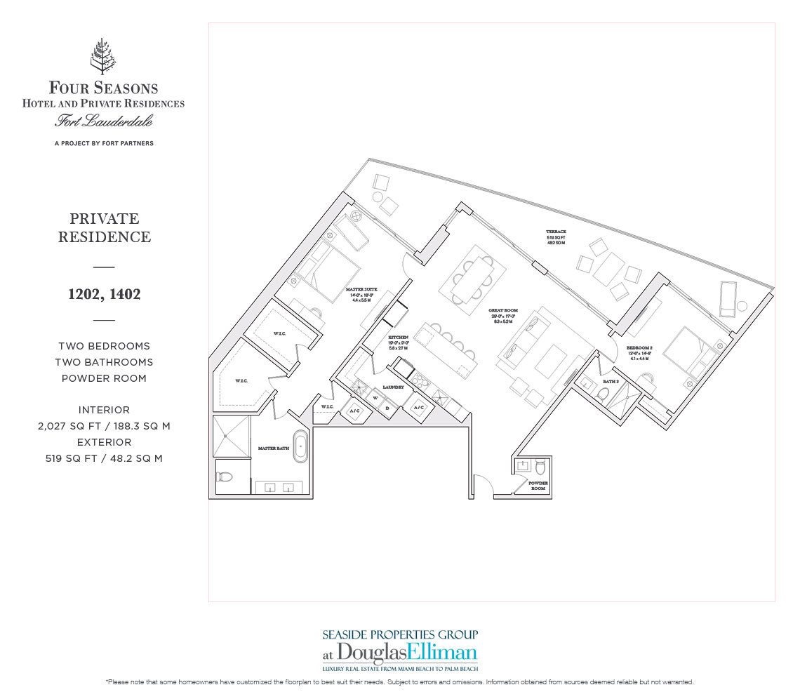 The 1202, 1402 Model Floorplan for the Four Seasons Private Residences Fort Lauderdale, Luxury Oceanfront Condos in Fort Lauderdale, Florida 33304.