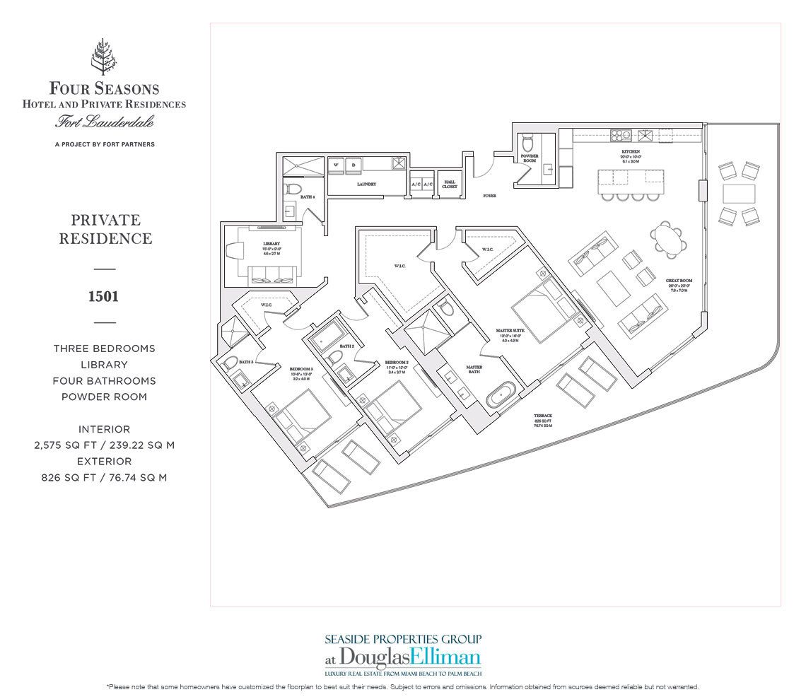 The 1501 Model Floorplan for the Four Seasons Private Residences Fort Lauderdale, Luxury Oceanfront Condos in Fort Lauderdale, Florida 33304.