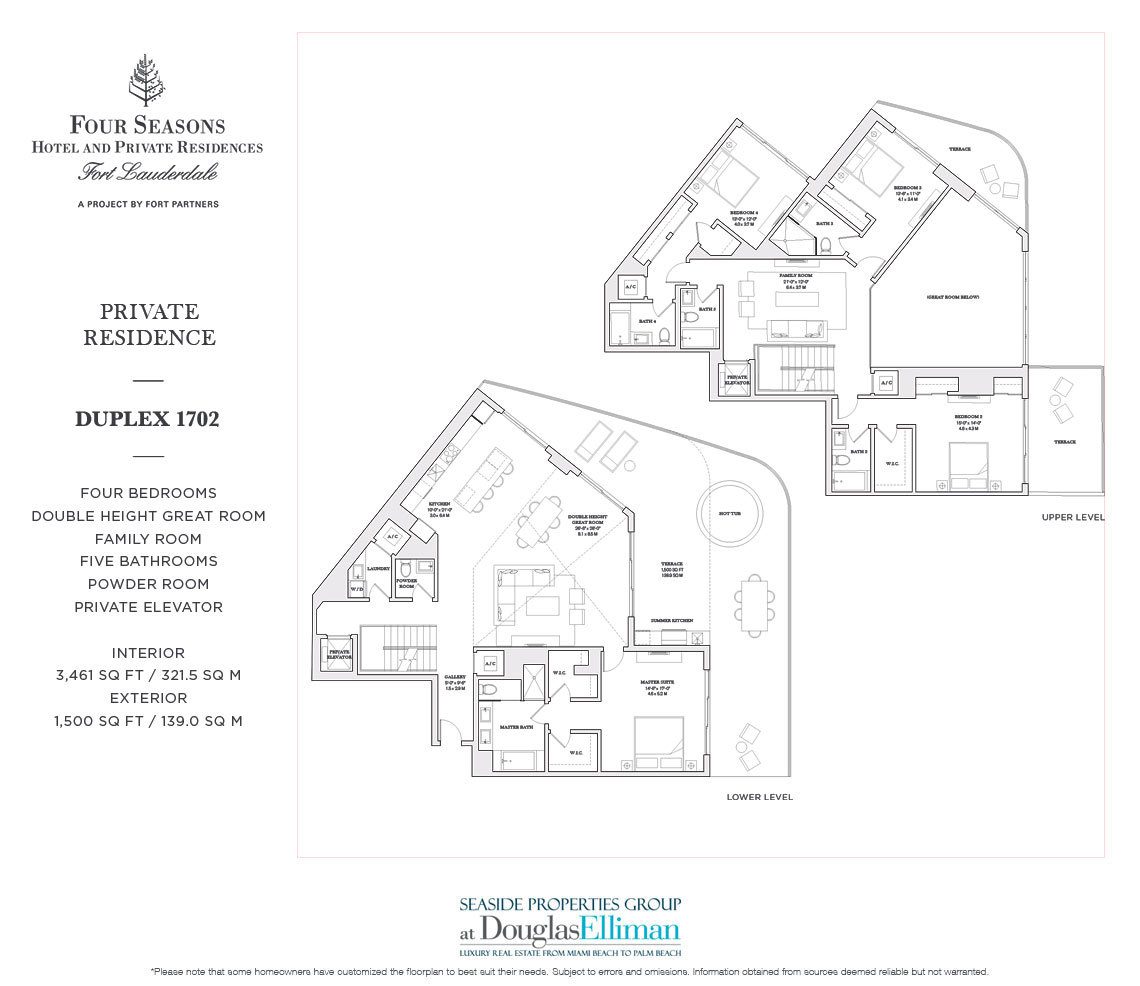 The Duplex 1702 Model Floorplan for the Four Seasons Private Residences Fort Lauderdale, Luxury Oceanfront Condos in Fort Lauderdale, Florida 33304.