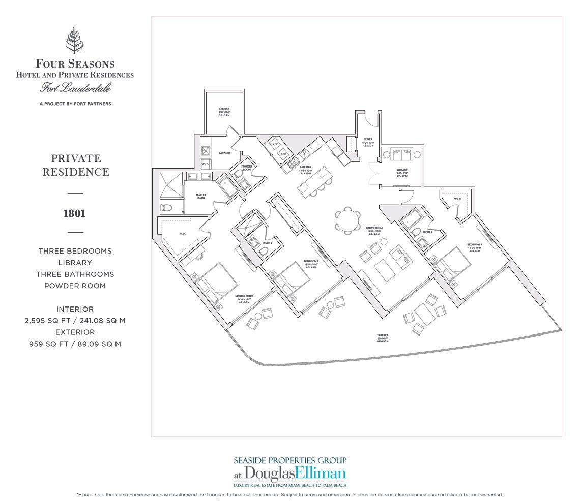 The 1801 Model Floorplan for the Four Seasons Private Residences Fort Lauderdale, Luxury Oceanfront Condos in Fort Lauderdale, Florida 33304.