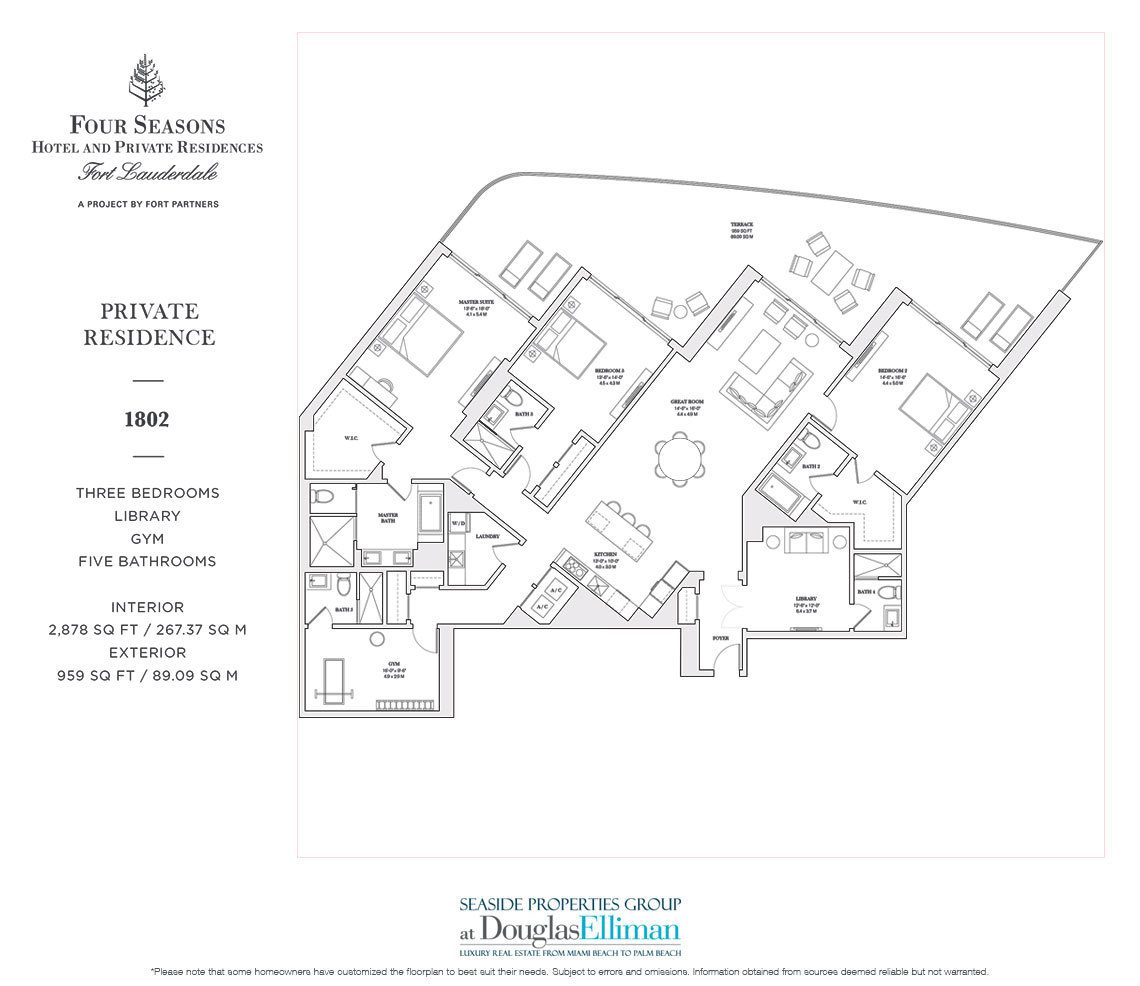 The 1802 Model Floorplan for the Four Seasons Private Residences Fort Lauderdale, Luxury Oceanfront Condos in Fort Lauderdale, Florida 33304.