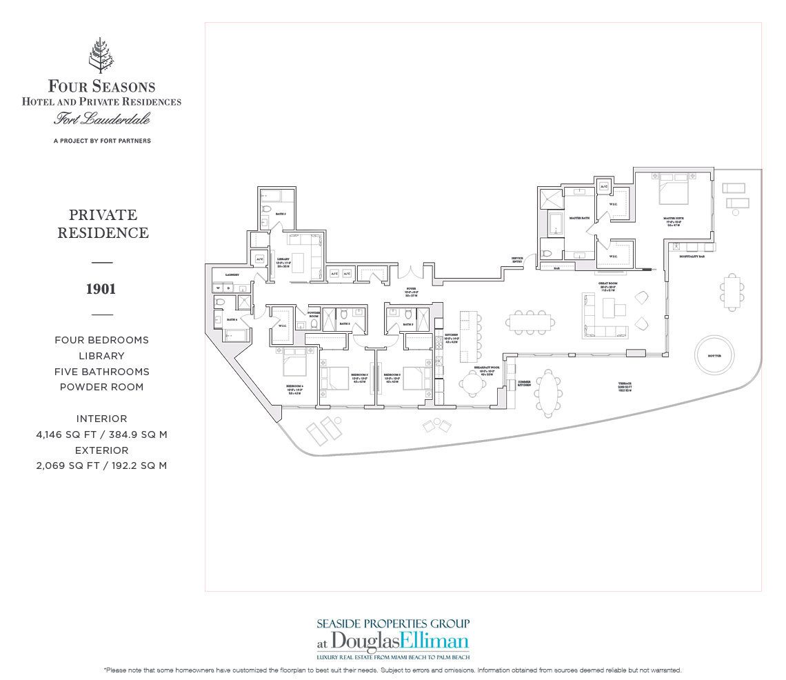 The 1901 Model Floorplan for the Four Seasons Private Residences Fort Lauderdale, Luxury Oceanfront Condos in Fort Lauderdale, Florida 33304.