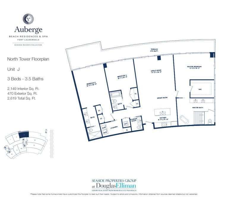 Unit J Floorplan for Auberge Beach Residences and Spa, Luxury Oceanfront Condos in Fort Lauderdale, 33305.