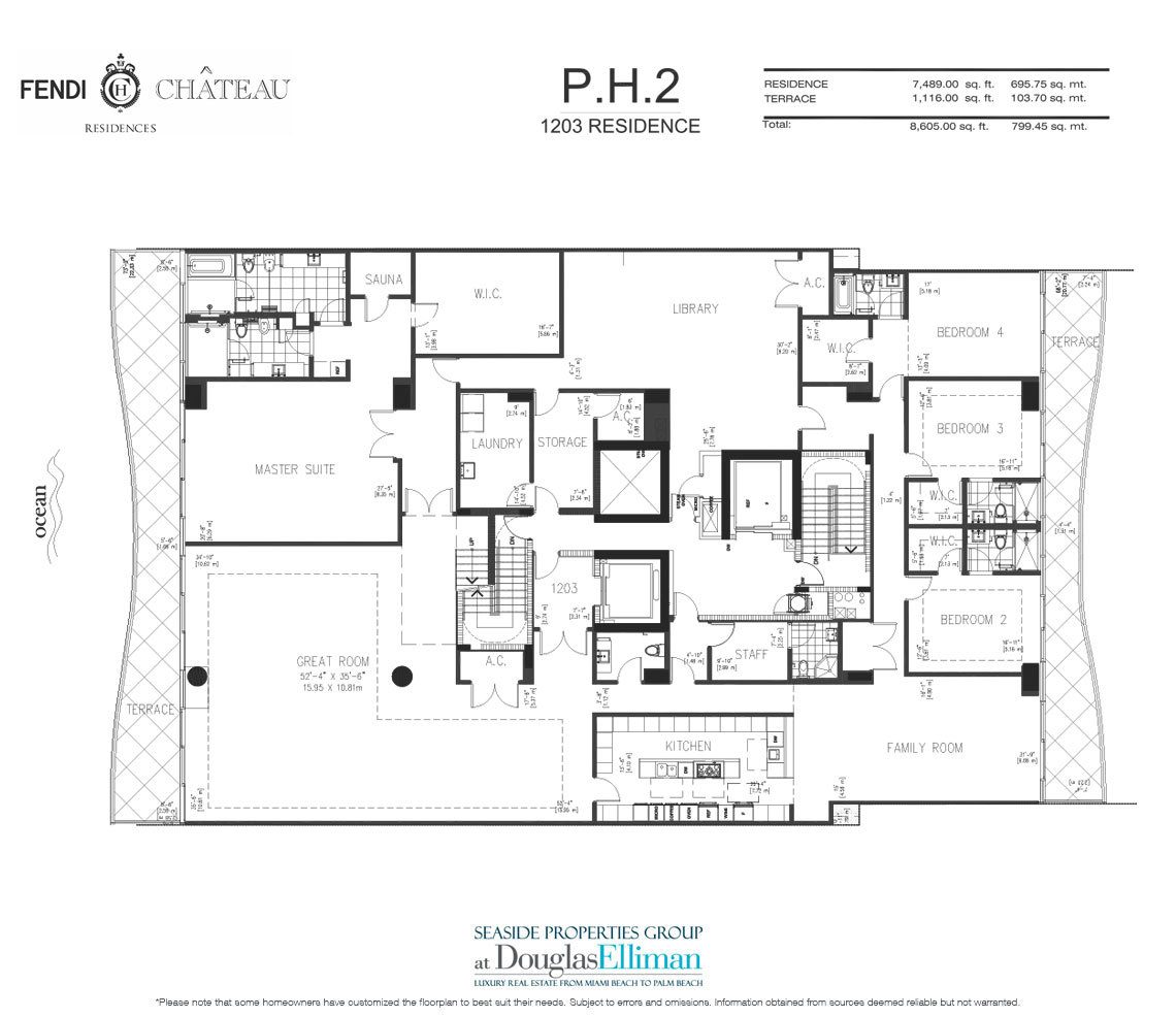 The PH2 Model Floorplan for Fendi Chateau Residences, Luxury Oceanfront Condos in Surfside, Florida 33304.
