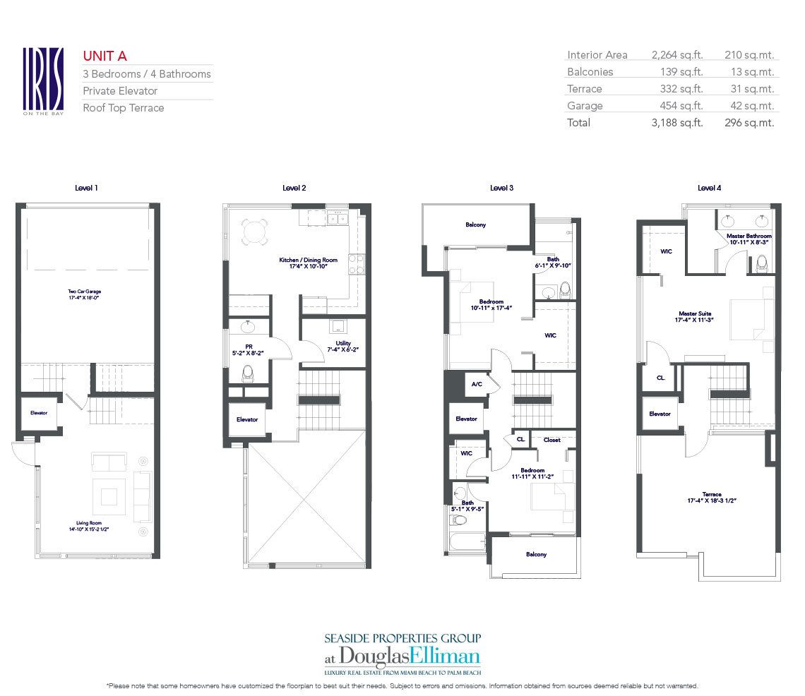 The Residence A Floorplan for Iris on the Bay, Waterfront Townhomes in Miami Beach, Florida 33141