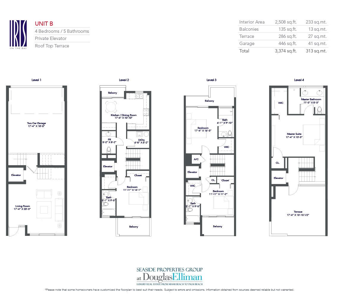 The Residence B Floorplan for Iris on the Bay, Waterfront Townhomes in Miami Beach, Florida 33141