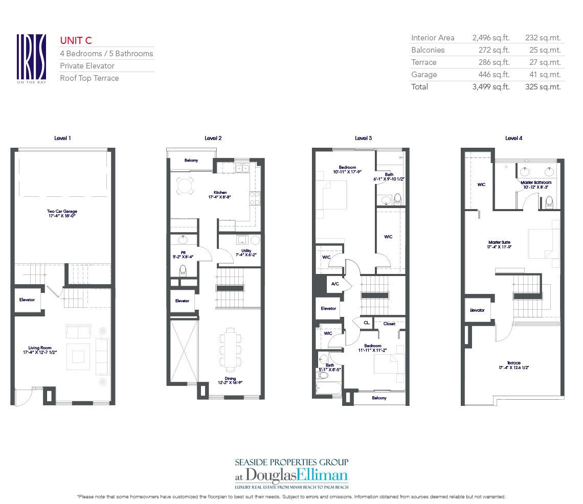The Residence C Floorplan for Iris on the Bay, Waterfront Townhomes in Miami Beach, Florida 33141