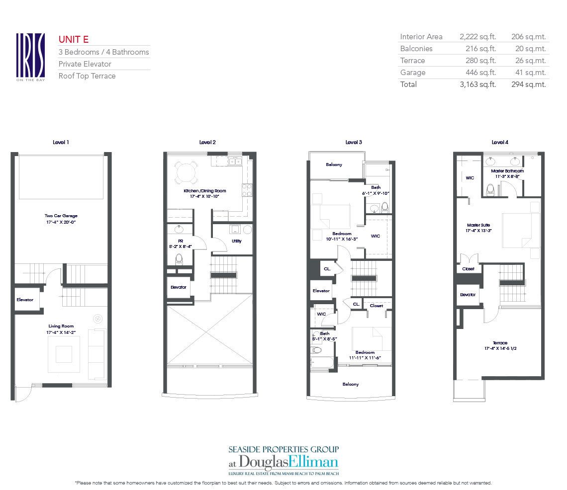 The Residence E Floorplan for Iris on the Bay, Waterfront Townhomes in Miami Beach, Florida 33141