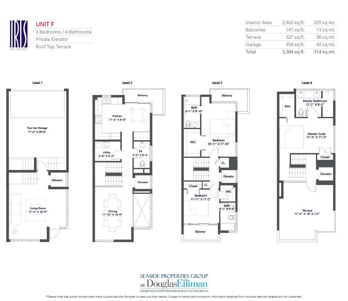 The Residence F Floorplan for Iris on the Bay, Waterfront Townhomes in Miami Beach, Florida 33141