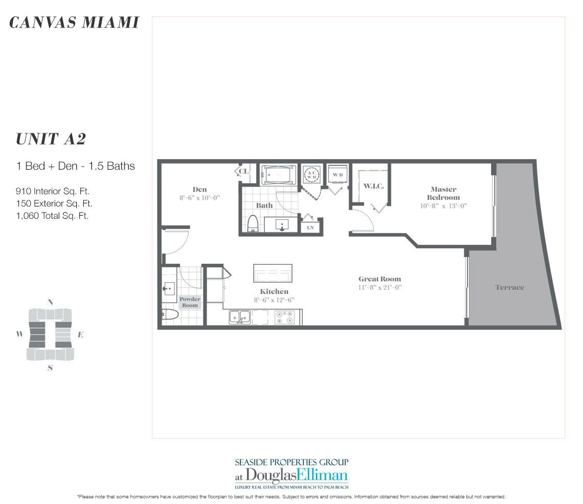 The A2 Model Floorplan at Canvas Miami, Luxury Condos in Miami, Florida 33132.