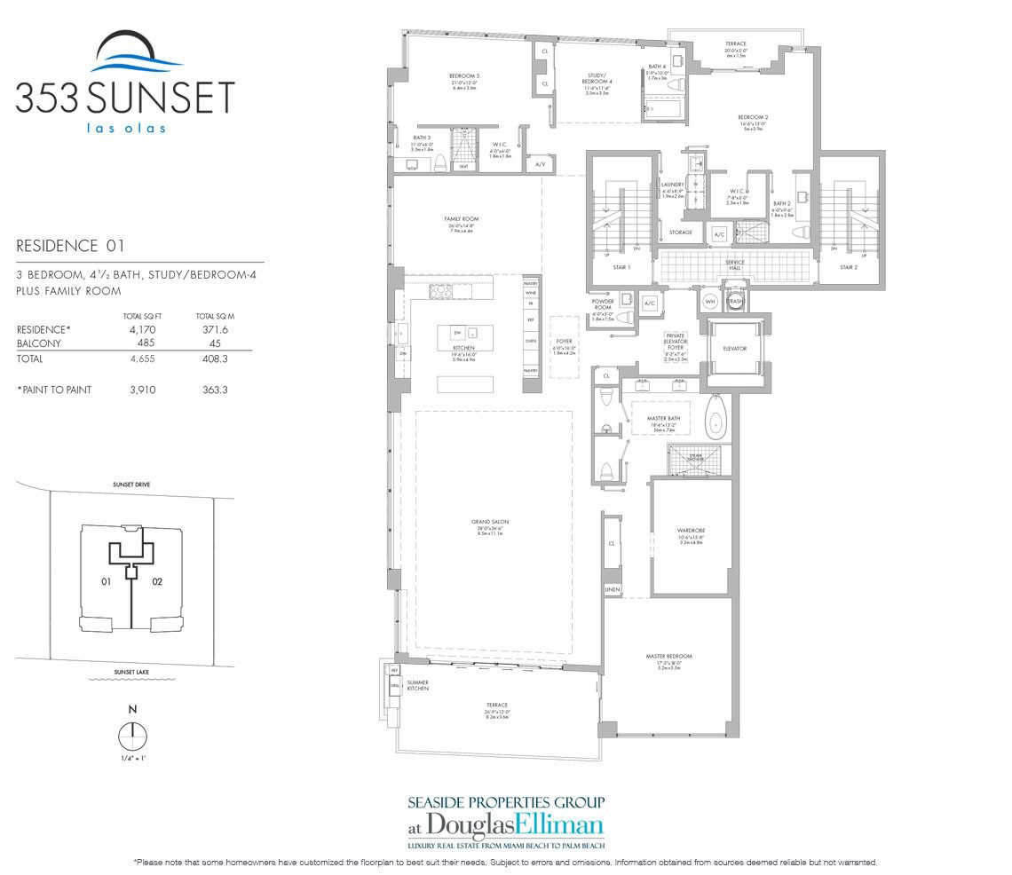 The Residence 01 Model Floorplan at 353 Sunset, Luxury Waterfront Condos in Fort Lauderdale, Florida 33301.