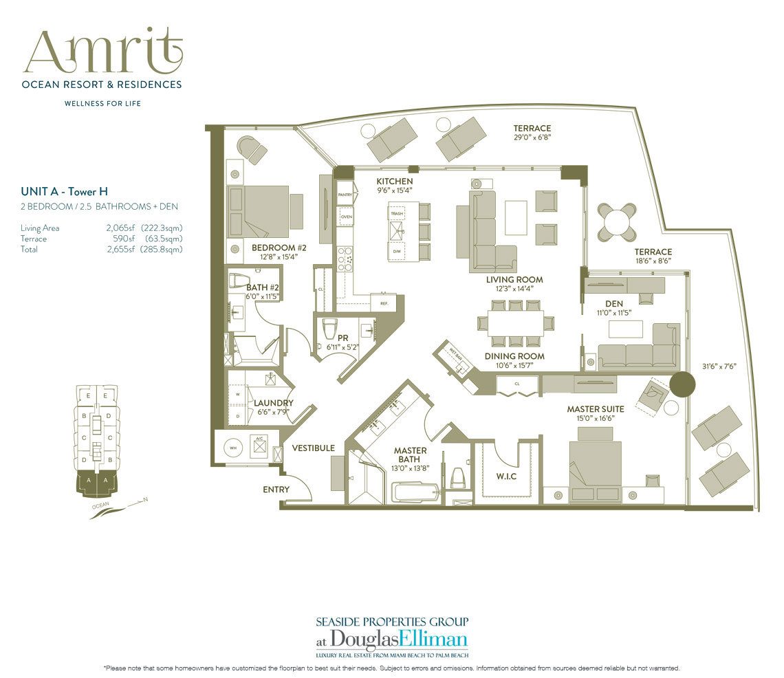 The Unit A, Tower H Floorplan at Amrit Ocean Resort and Residences, Luxury Oceanfront Condos on Singer Island, Florida 33404.