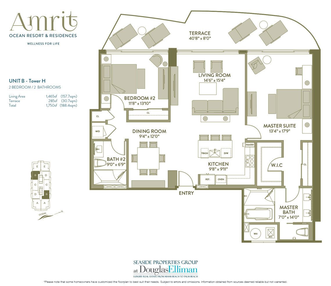 The Unit B, Tower H Floorplan at Amrit Ocean Resort and Residences, Luxury Oceanfront Condos on Singer Island, Florida 33404.