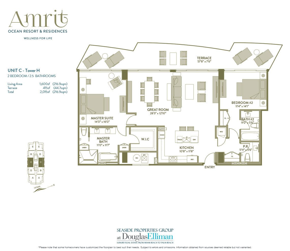 The Unit C, Tower H Floorplan at Amrit Ocean Resort and Residences, Luxury Oceanfront Condos on Singer Island, Florida 33404.