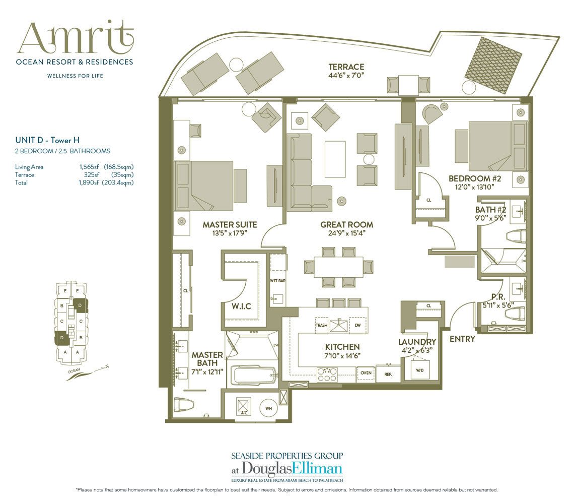 The Unit D, Tower H Floorplan at Amrit Ocean Resort and Residences, Luxury Oceanfront Condos on Singer Island, Florida 33404.