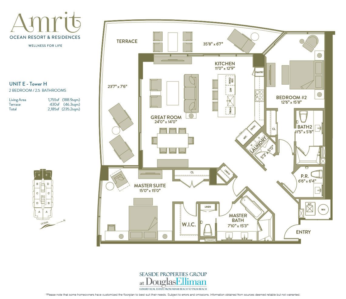 The Unit E, Tower H Floorplan at Amrit Ocean Resort and Residences, Luxury Oceanfront Condos on Singer Island, Florida 33404.