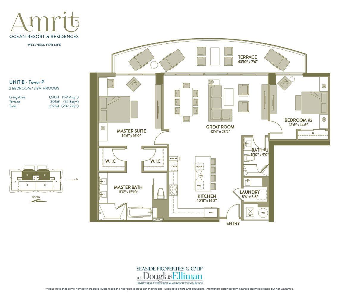 The Unit B, Tower P Floorplan at Amrit Ocean Resort and Residences, Luxury Oceanfront Condos on Singer Island, Florida 33404.