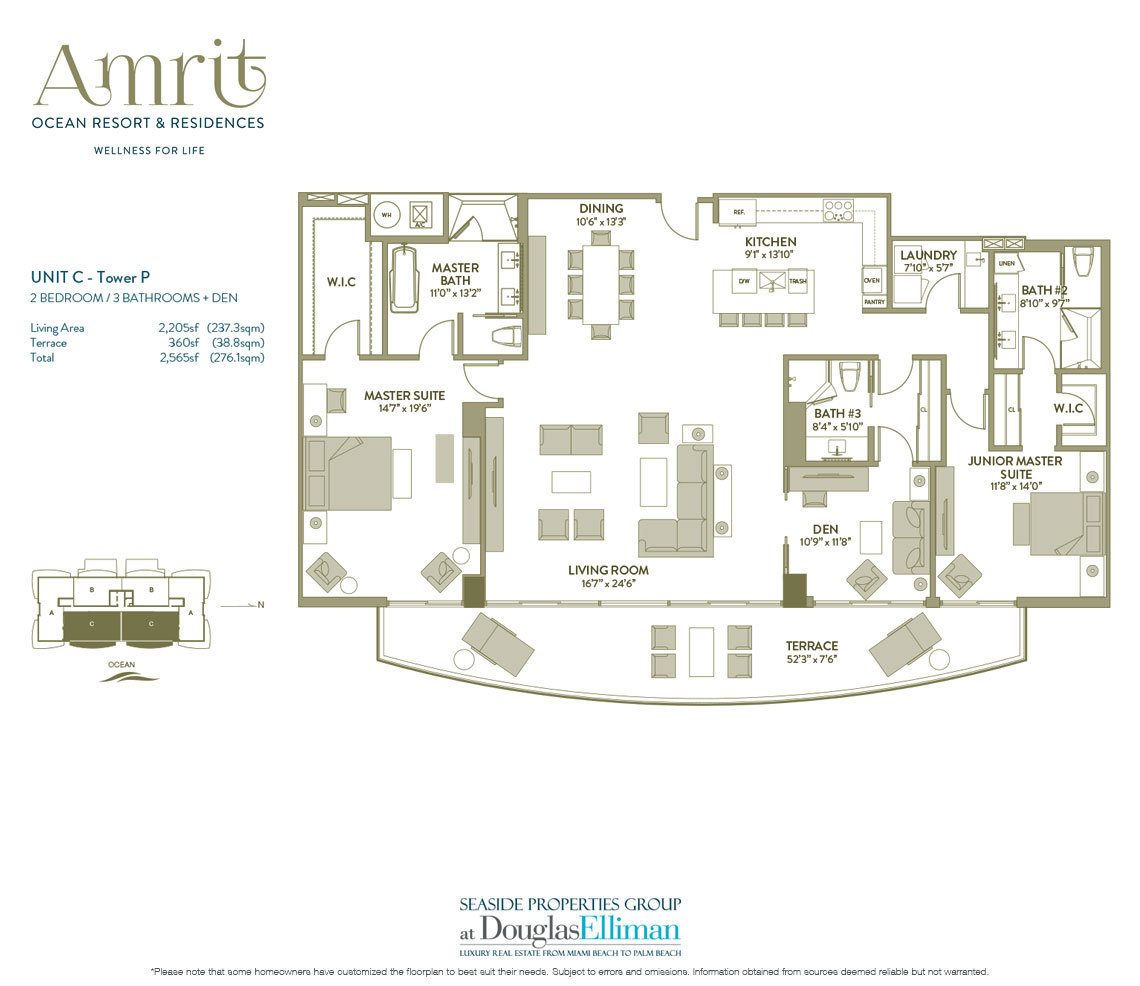 The Unit C, Tower P Floorplan at Amrit Ocean Resort and Residences, Luxury Oceanfront Condos on Singer Island, Florida 33404.