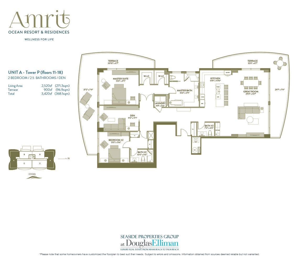 The Unit A, Tower P Floorplan at Amrit Ocean Resort and Residences, Luxury Oceanfront Condos on Singer Island, Florida 33404.