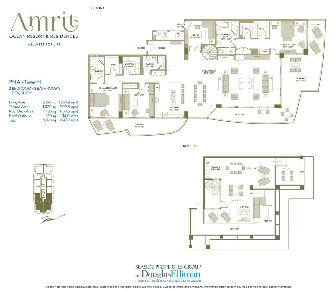 The Penthouse A, Tower H Floorplan at Amrit Ocean Resort and Residences, Luxury Oceanfront Condos on Singer Island, Florida 33404.