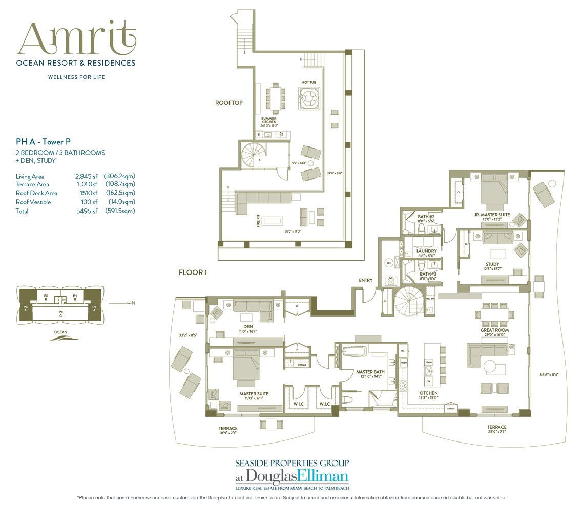 The Penthouse A, Tower P Floorplan at Amrit Ocean Resort and Residences, Luxury Oceanfront Condos on Singer Island, Florida 33404.