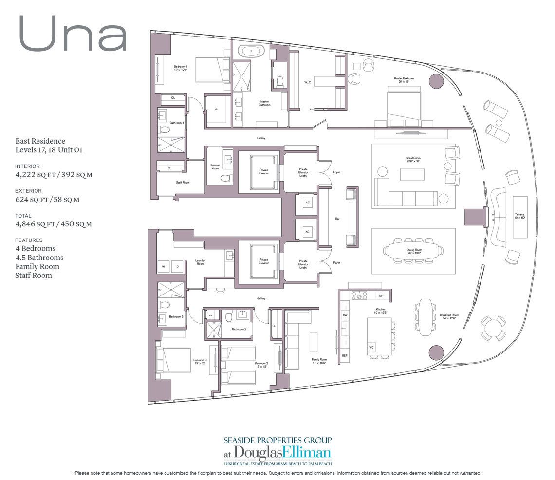 The Level 17-18 Unit 01 Floorplan at Una Residences, Luxury Waterfront Condos in Miami, Florida, Florida 33129.