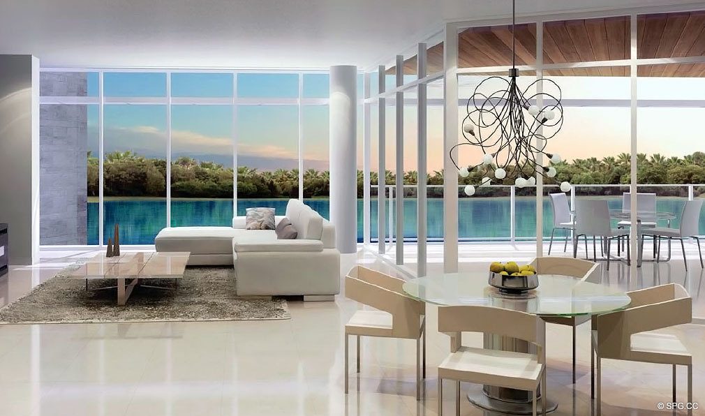 Sala de estar aberto no Adagio on the Bay, Condominiums Waterfront de luxo localizado na 1110 Seminole Drive, Fort Lauderdale, FL 33304