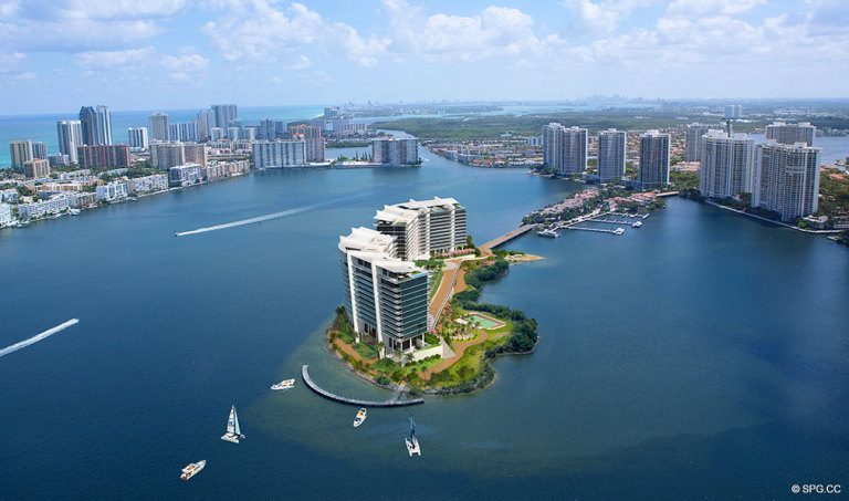Aerial View of Prive, Luxury Waterfront Condominiums Located at 5000 Island Estates Blvd, Aventura, FL 33160