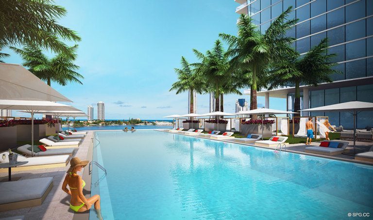 Prive Pool Deck, Luxury Waterfront Condominiums Located at 5000 Island Estates Blvd, Aventura, FL 33160