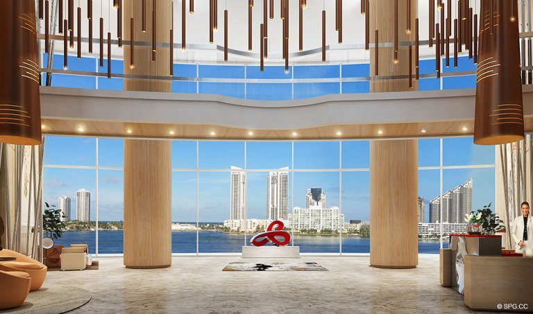 Prive Lobby, Luxury Waterfront Condominiums Located at 5000 Island Estates Blvd, Aventura, FL 33160