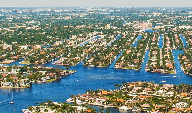Aerial View of the Luxury Waterfront Homes on Las Olas Isles, Fort Lauderdale, Florida