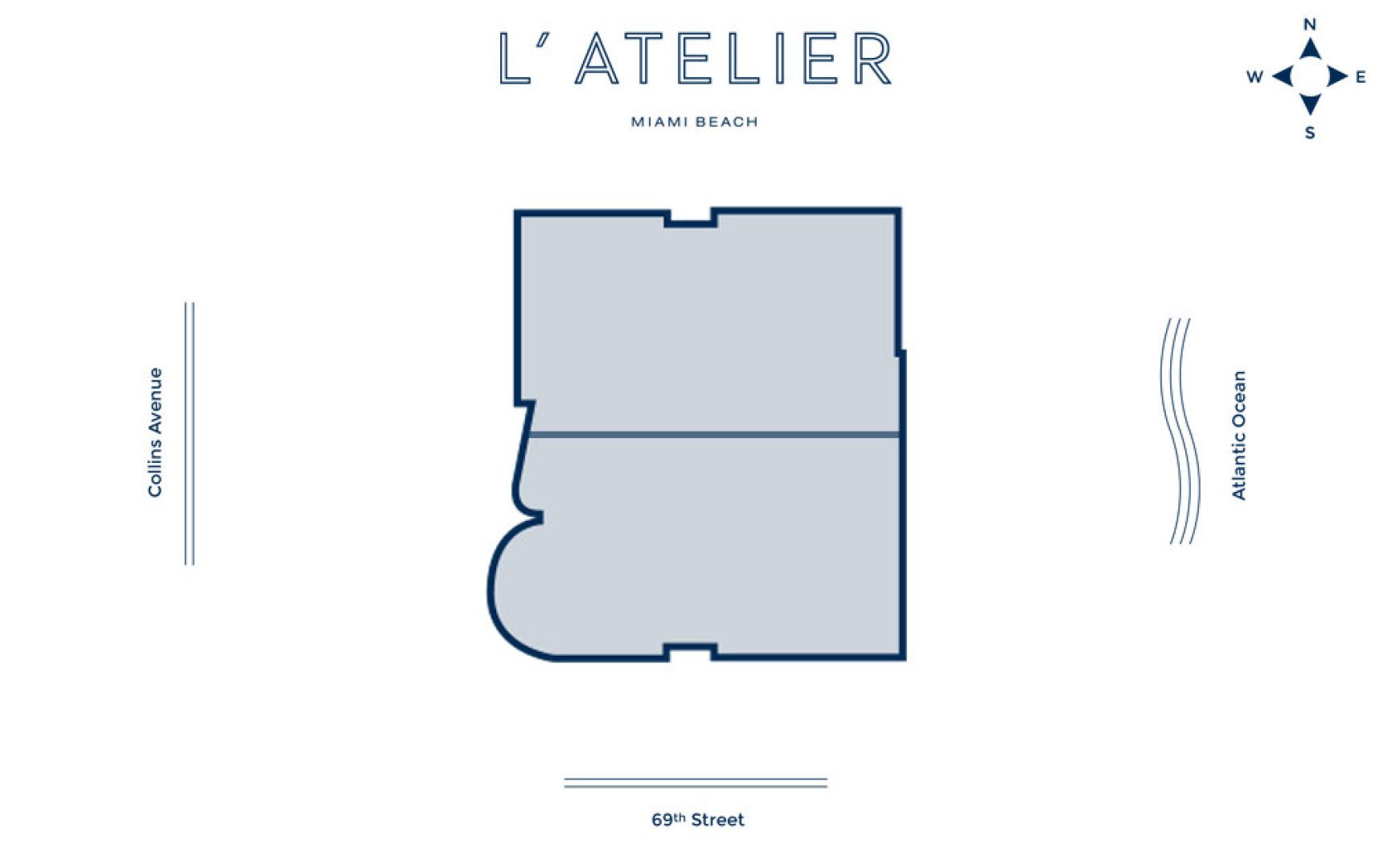 Siteplan para L&#39;Atelier, Luxo Oceanfront Condominiums Localizado na 6901 Collins Avenue, Miami Beach, Florida 33141