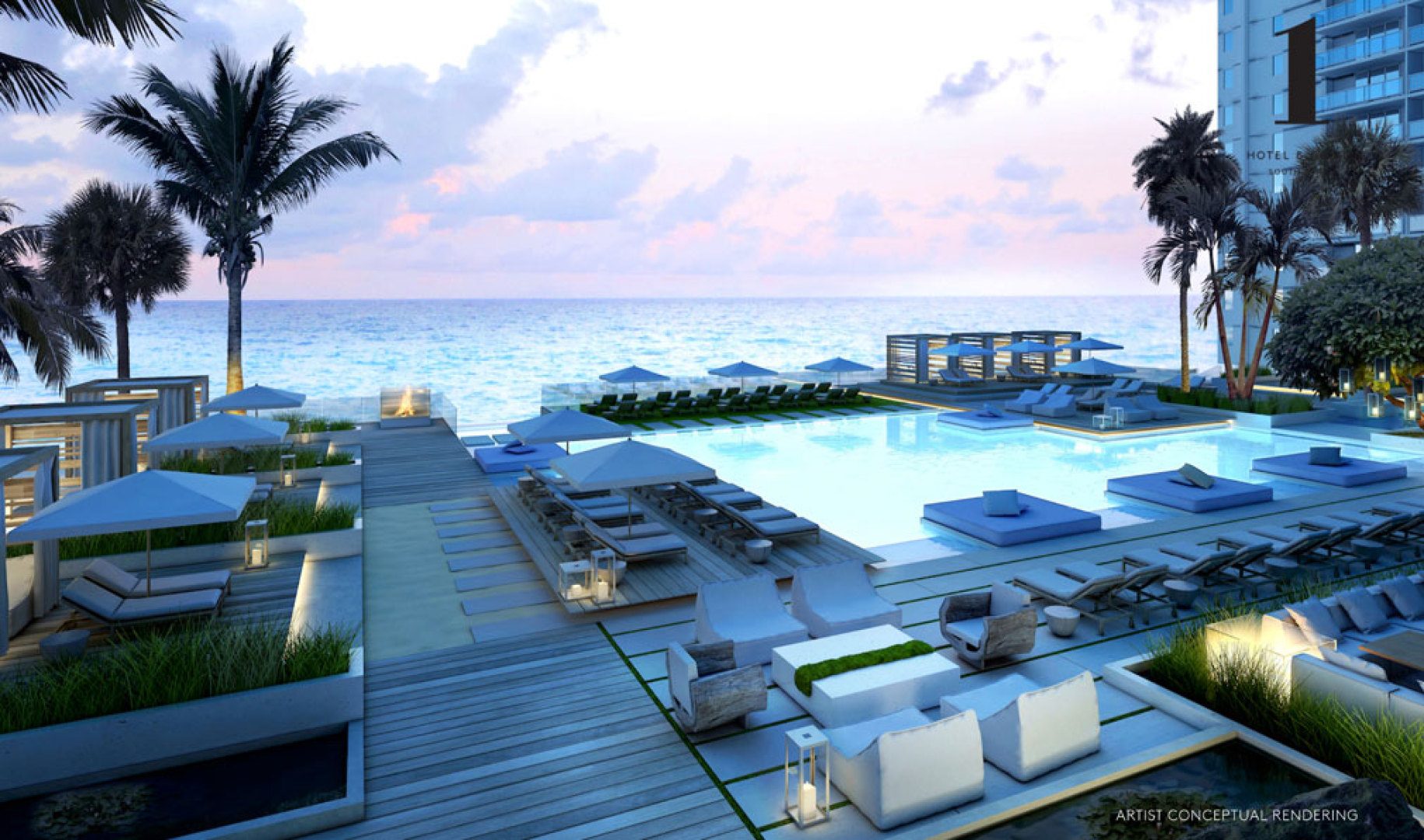 Oceanfront Pool Deck bei 1 Hotel & Homes South Beach, Luxury Oceanfront Condominiums auf 2399 Collins Ave, Miami Beach, FL 33139 gelegen