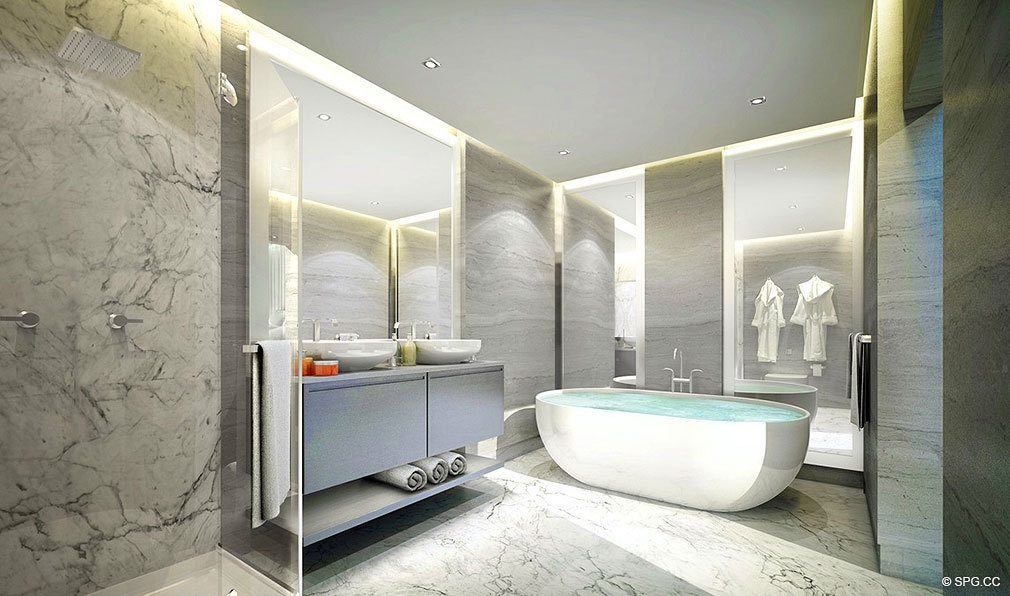 O Residences Master Bath, Luxury Waterfront Condominiums Located at 9821 E Bay Harbor Dr, Miami Beach, FL 33154