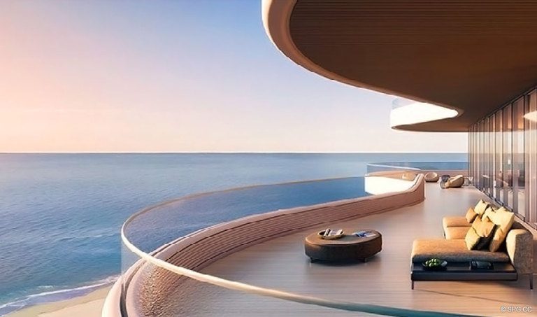 Sunrise on the Terrace of Faena Versailles Contemporary, Luxury Oceanfront Condos in Miami Beach, Florida 33140